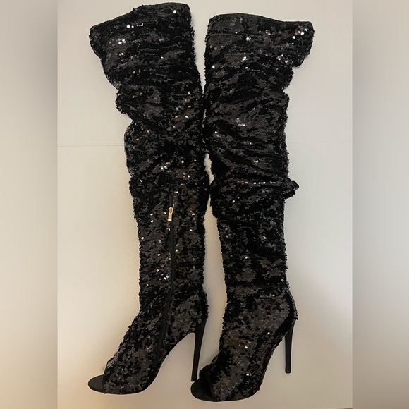 Sequin Thigh High Heel Boots - Picture 2 of 7